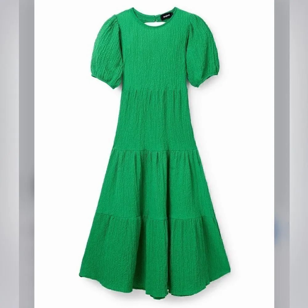 Desigual Green Textured Open Back Tiered Puff Sleeve Dress NEW